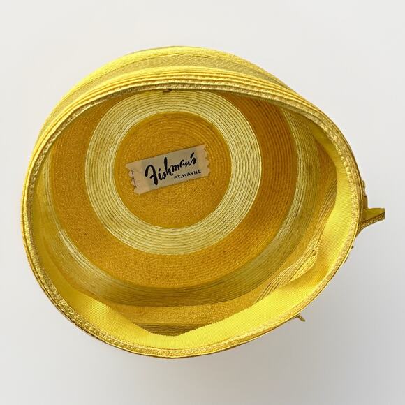 VTG 1950s Golden Straw Pillbox Hat with Ribbon Trim Fishmans Dept Store w/ Box - Picture 7 of 13